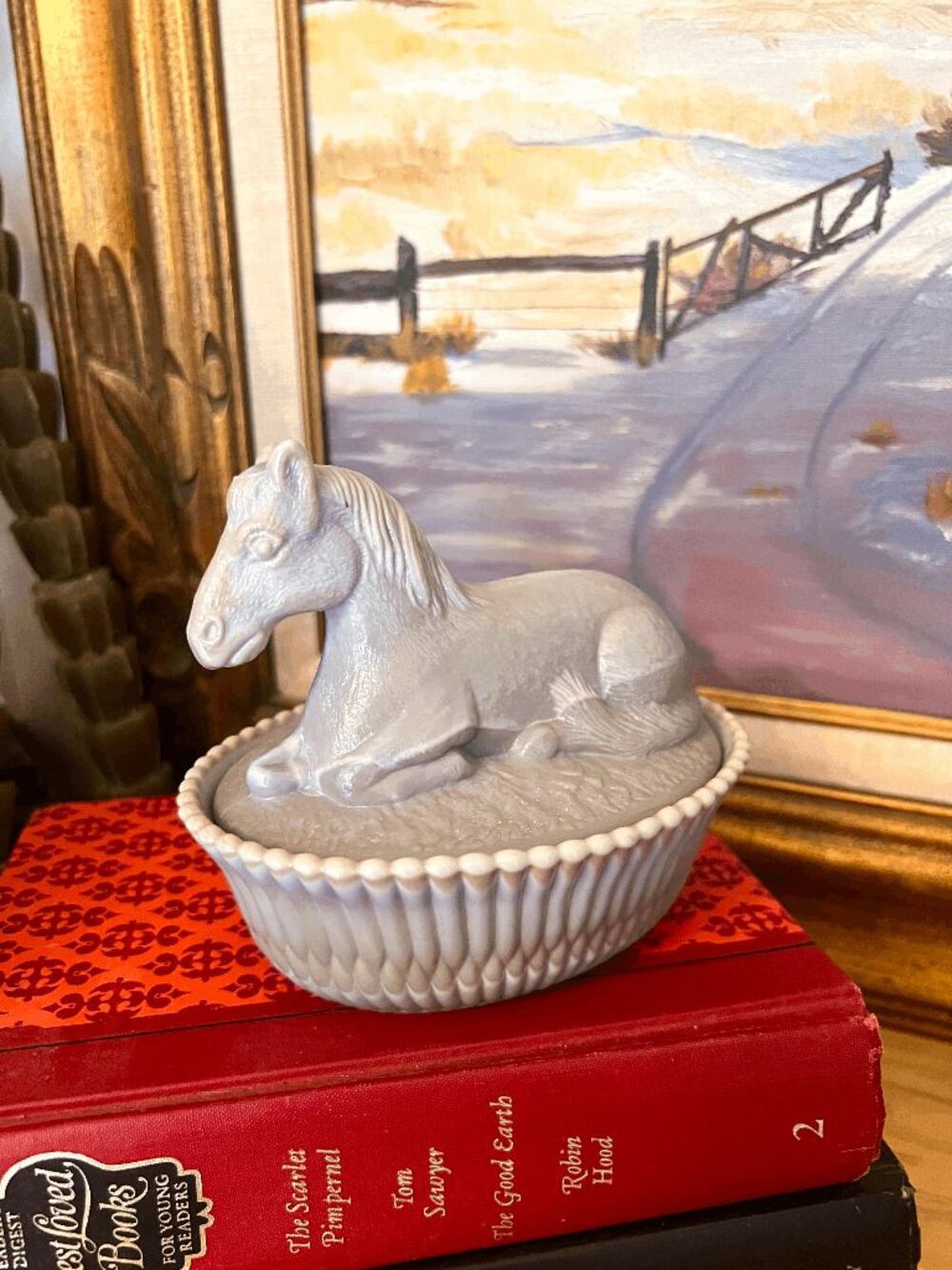 Vintage Summit Art Glass McKee Gray Slag Resting Pony Horse Covered Dish